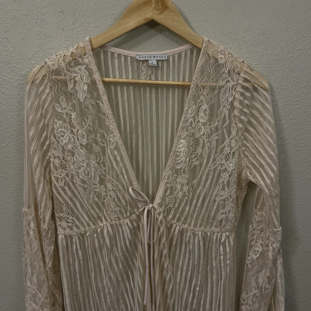 Haute Monde Lace Robe Cover Split Bell Sleeves Tie Beige Blush Coquette Up Sz L‎